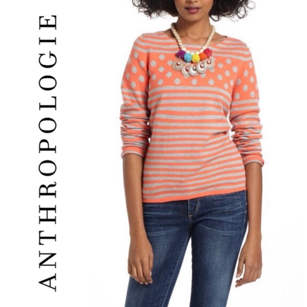 Anthropologie Sparrow Peach & Gray Polka Dot Striped Sweater Retro Preppy Size M